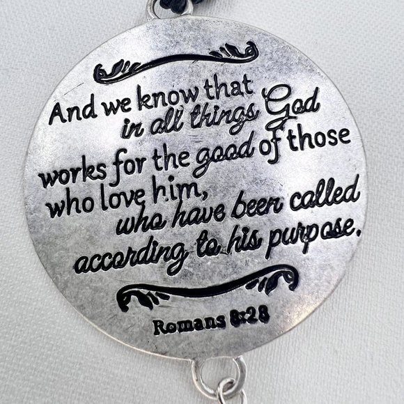 C 1946 - Silver Tone Romans 8:28 Medallion 28” Black Cord Necklace - Picture 8 of 10